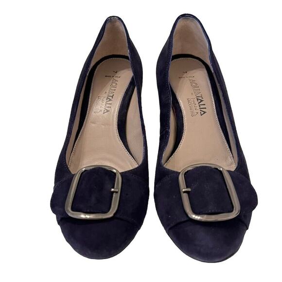Aquatalia Sacchetto Blue Suede Pumps Size 7M Silver Buckle/Toe 3" Heel EUC - Picture 2 of 9